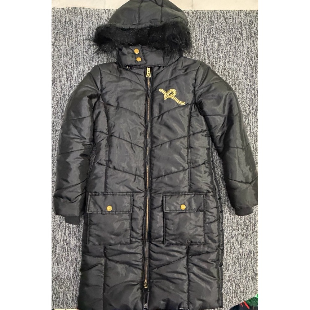 Roca Wear Women's Black Long Puffer Coat Faux Fur Hood Logo Jacket M